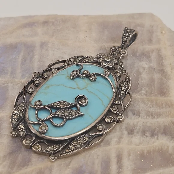 Turquoise & Marcasite Sterling Silver Pendant Floral & Leaf Design 925